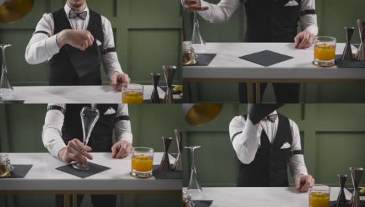 酒保表演了一个餐巾戏法。调酒师工作的一个重要部分就是表演高清在线视频素材下载