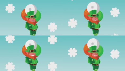 快乐的圣帕特里克节动画与小精灵和气球氦高清在线视频素材下载