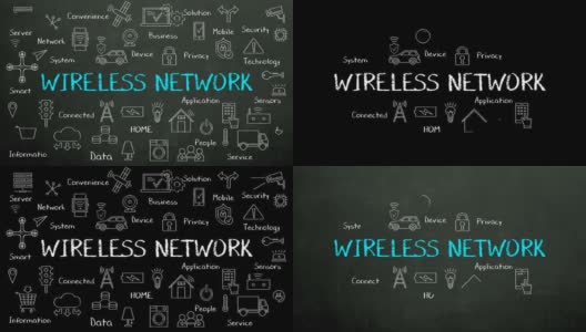 蓝色粉笔画“无线网络”和各种联网工业革命4.0图标，4k动画。高清在线视频素材下载
