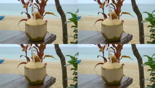 海滩咖啡馆的桌上有新鲜的椰子高清在线视频素材下载