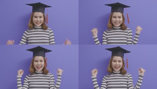 蓝色背景下的年轻女子毕业画像高清在线视频素材下载