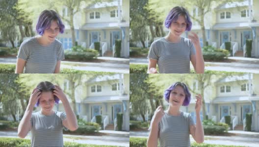 一个紫色头发戴着牙套的少女高清在线视频素材下载
