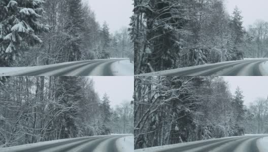 冬季风雪路面危险，行驶在冬季弯道上。高清在线视频素材下载