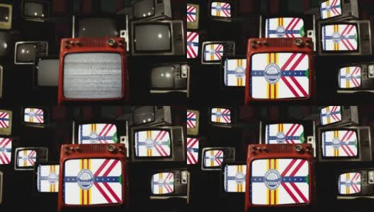 佛罗里达州坦帕市的国旗和老式电视机。高清在线视频素材下载