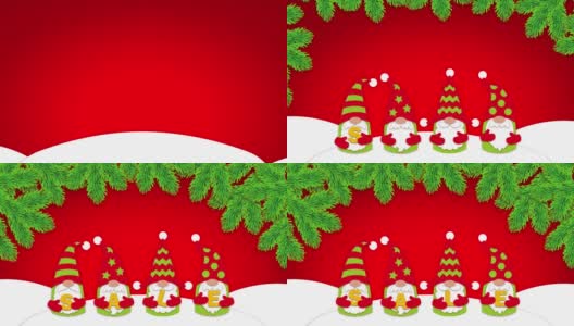 圣诞快乐，恭贺新禧。动画横幅与侏儒和文字销售在一个红色的背景。4 k的动画高清在线视频素材下载