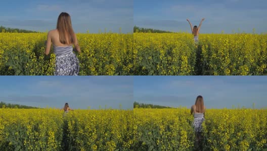 穿著漂亮衣服的女人走在开著亮黄色花的田野里高清在线视频素材下载