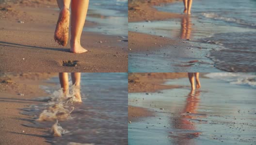 女人美丽的晒黑的腿走在沙滩上。日落时分，一个女孩在海上散步高清在线视频素材下载