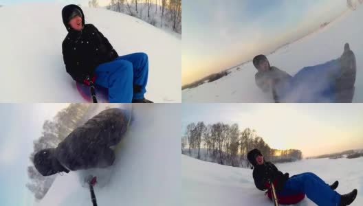 快乐的家伙骑着车，微笑着在雪道上玩雪车。缓慢的运动。雪的冬天的风景。在户外运动高清在线视频素材下载