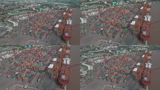 航拍集装箱船与货运集装箱离港，货物运输高清在线视频素材下载