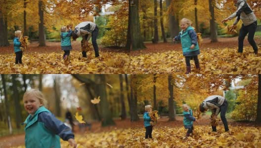 童年时光:少年儿童在公园里与秋叶嬉戏高清在线视频素材下载