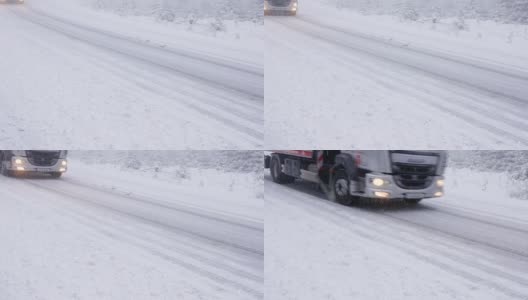 立冬，在白雪覆盖的路上开车高清在线视频素材下载