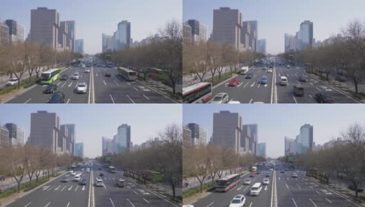 晴朗的一天，中国北京的中央商务区。摩天大楼和高速公路上的汽车交通高清在线视频素材下载