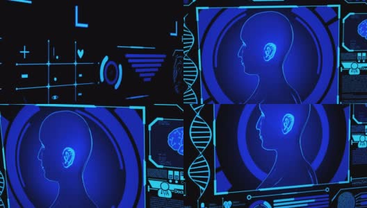 3D人类头部模型在医疗未来HUD显示屏旋转，包括DNA，大脑扫描，指纹和更多的蓝色(摄像机平移)高清在线视频素材下载