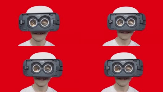 一个戴着虚拟现实头盔的快乐男孩的肖像高清在线视频素材下载