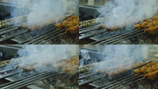 烹饪传统食物阿达纳烤肉串和烧烤烤肉串高清在线视频素材下载