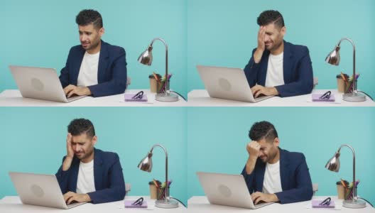 悲伤沮丧的商人做了一个捂脸的手势，失去了他所有的钱，在办公室用笔记本电脑工作时犯了可怕的错误，破产高清在线视频素材下载