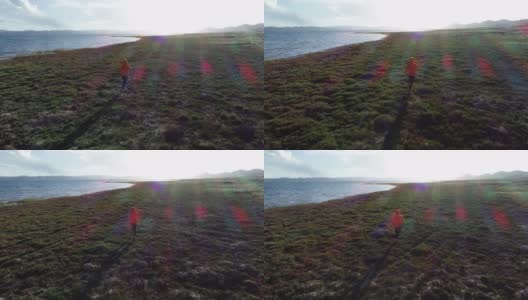 女子越野跑者在高海拔的湖边跑步，无人机鸟瞰画面高清在线视频素材下载