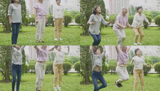 心不老的中国老年妇女在公园一起跳高清在线视频素材下载