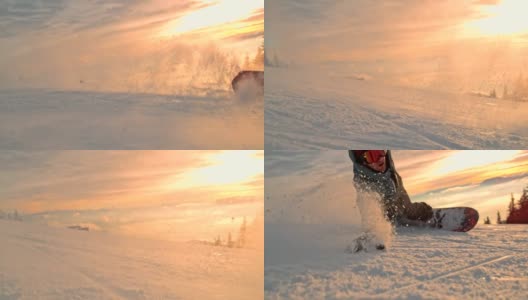 日落时分，滑雪板在斜坡上雕刻的时间曲线高清在线视频素材下载