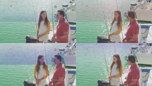 动画的录像界面，快乐的爸爸和女儿在阳光下捕鱼高清在线视频素材下载