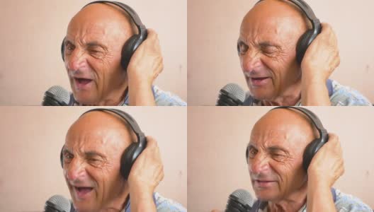 一个对着麦克风唱歌的老人的肖像。一位愉快的白人老人戴着耳机唱着歌。一个在家隔离的养老金领取者的空闲时间。一个70多岁的人唱得很有感情高清在线视频素材下载