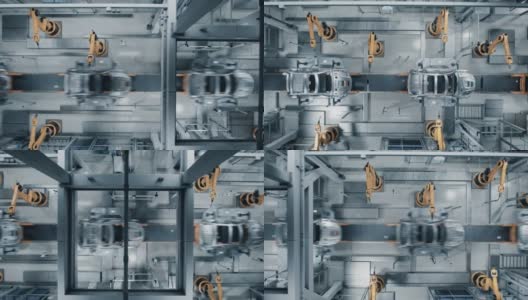 空中汽车工厂3D概念:自动化机器人手臂装配线制造高科技绿色能源电动汽车。建筑，焊接工业生产输送机。Top View Time-Lapse Loop高清在线视频素材下载