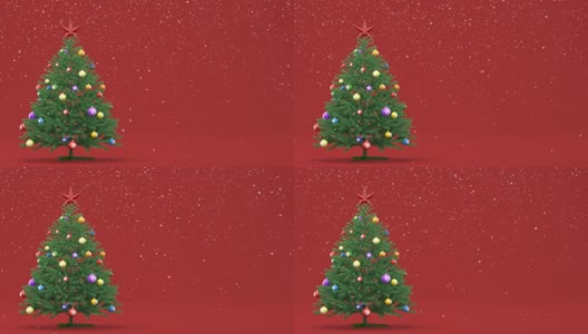 带有玩具的动画假圣诞树站在红色的背景上。下雪了。空间的文本。动画的3D渲染。高清在线视频素材下载