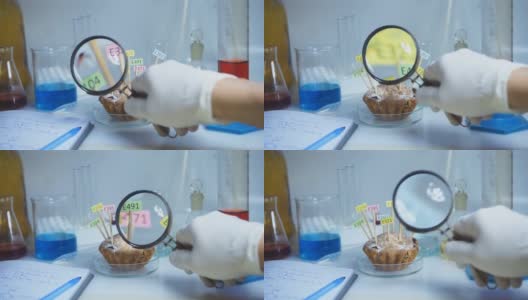 健康食品的概念。实验室助理的手拿着一个放大镜，一个纸杯蛋糕，上面装饰着添加剂e食品实验室的名字。高清在线视频素材下载