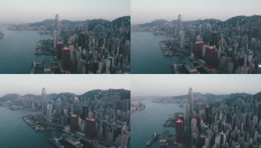 在维多利亚港飞行与城市景观，香港4K分辨率高清在线视频素材下载