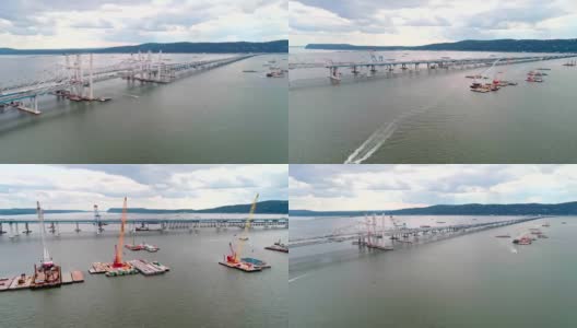 The aerial drone video of the construction of the Tappan Zee Bridge over the Hudson River高清在线视频素材下载
