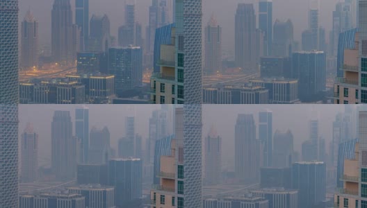 迪拜市中心大雾弥漫的早晨，从夜晚到白天的时间流逝高清在线视频素材下载