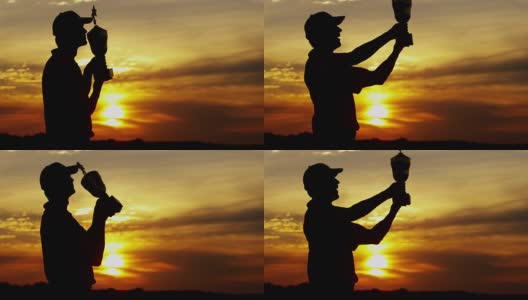 日落剪影成功的男性高尔夫球员持有获奖奖杯高清在线视频素材下载