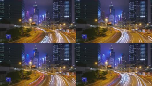 夜间的交通延时和香港摩天大楼景观。高清在线视频素材下载