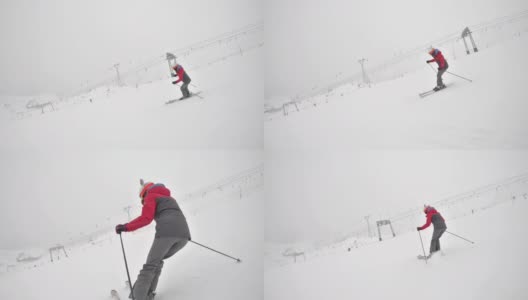 一个少女在阿尔卑斯山的冰川上滑雪高清在线视频素材下载