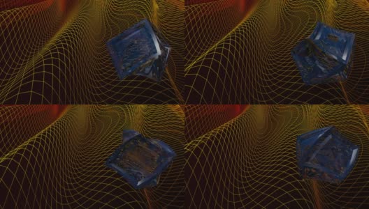 蓝色立方结构旋转在一个彩色的波浪网格- 3D渲染视频剪辑高清在线视频素材下载