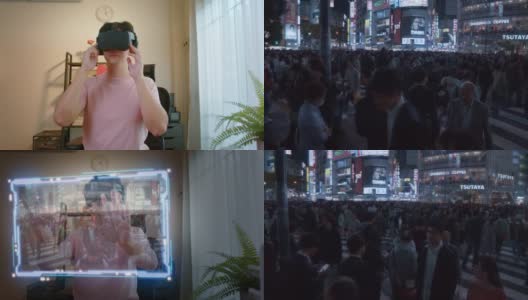 一名戴着虚拟现实头盔的男子在家旅行到日本。高清在线视频素材下载