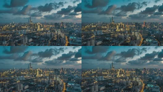 无人机拍摄:4K空中俯瞰上海天际线，夜景。高清在线视频素材下载