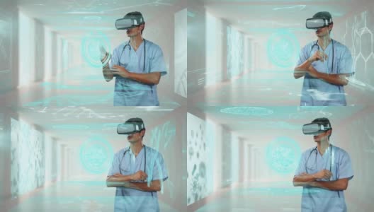 数字时钟和屏幕与医疗数据处理男性医生佩戴虚拟现实头盔高清在线视频素材下载
