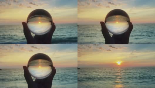手持魔法水晶球越过美丽的自然景观，在日落，旅游的概念高清在线视频素材下载