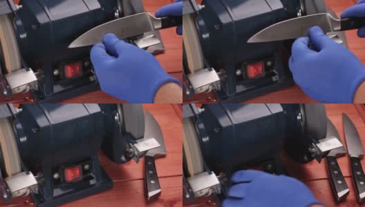 主人打开一台磨刀机，用戴着蓝色工作手套的主人的手磨刀。高清在线视频素材下载
