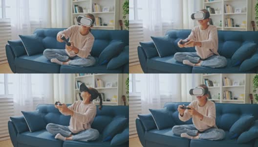 女孩子在家玩虚拟现实耳机游戏，现代创新高清在线视频素材下载