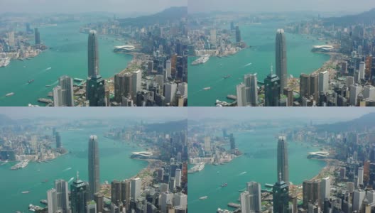 晴天香港市区风景维多利亚港市区交通空中全景4k高清在线视频素材下载