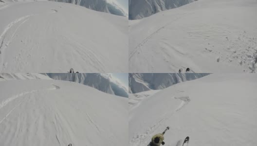 高山滑雪者下粉坡的POV高清在线视频素材下载