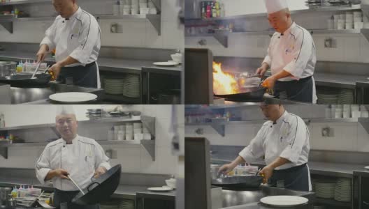 亚洲餐厅，专业厨师烹饪食物，老兄，中国厨师工作高清在线视频素材下载