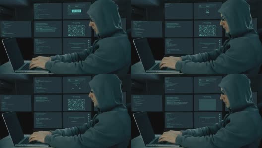 黑客在笔记本电脑上打字。黑夜里，人在电脑上编码。戴墨镜的男人在键盘上打字。侧面形象。监控的房间。高清在线视频素材下载