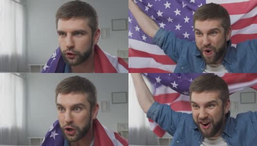 美国球迷挥舞着国旗，庆祝国家队的胜利，慢动作高清在线视频素材下载
