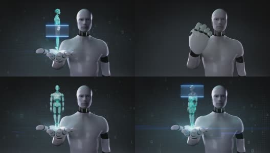 机器人摊开手掌，机器人身体在数字界面。机器人技术。高清在线视频素材下载