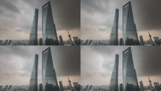 中国风暴天空上海著名市中心摩天大楼全景4k时间推移高清在线视频素材下载