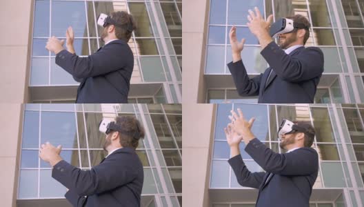 有吸引力的商人与VR头盔体验虚拟现实世界高清在线视频素材下载