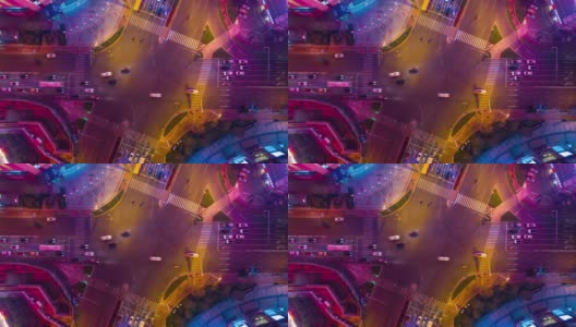 夜间照明青岛市著名的市中心交通街道十字路口空中俯仰延时4k中国高清在线视频素材下载